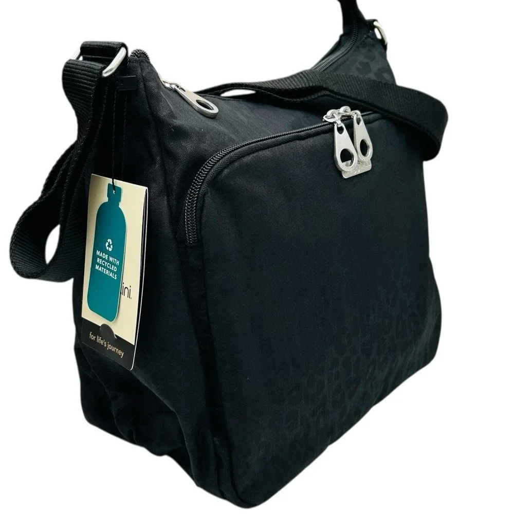 Baggallini Joey Large Hobo Crossbody Black CHEETAH PRINT Water-Resistant Nylon